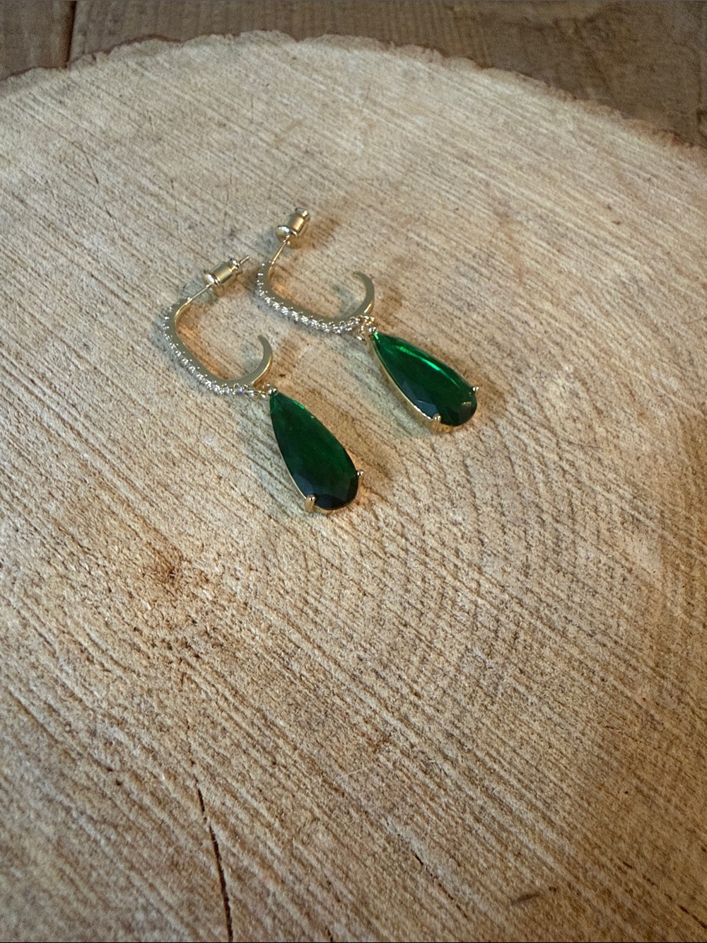 Green Teardrop Crystal Hoop Earrings with Pave Accent